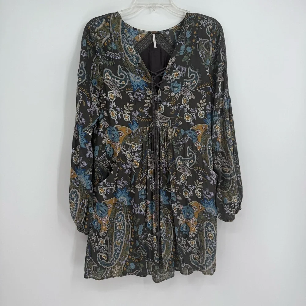 Free People Rain or Shine Dress S Paisley Floral Lace Up Tunic Gray Long Sleeve